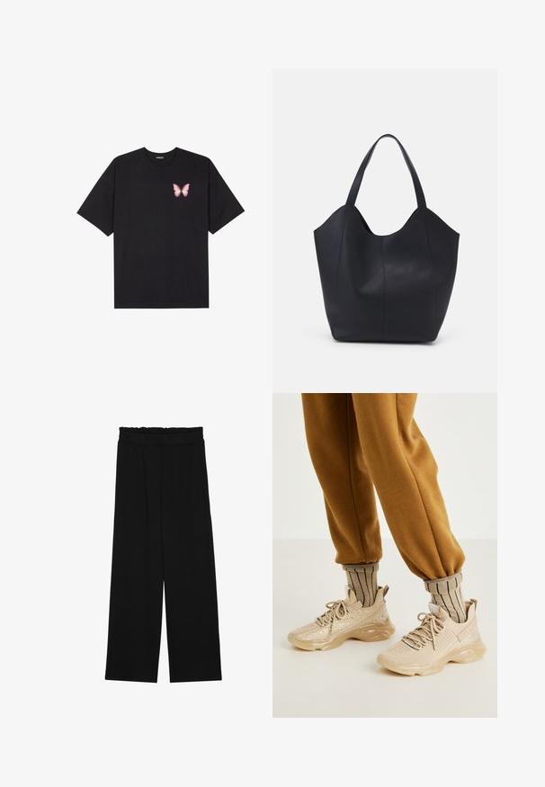 Melna kokvilnas T-krekls ar īsām piedurknēm, kuram priekšā kreisajā pusē ir neliels rozā tauriņa grafiskais attēls. Ar apaļu kaklu un brīvā stila piegriezumu.; Melnas platās bikses ar volangām jostasvietā, ar divām sānu kabatām un gludu, vieglu audumu. Nav redzamu rakstu vai aksesuāru.; Bežīgas sporta kurpes ar sietveida augšdaļu, dekoratīvām sparklem un biezām gumijas zolēm. Apvienotas ar svītrainām bežīgām zeķēm un brūnām sportiskām biksēm.; Melnas rokassomas, kas izgatavota no gludas ādas, ar izliekto atvērto augšu, divām plecu jostām un minimālistisku dizainu.