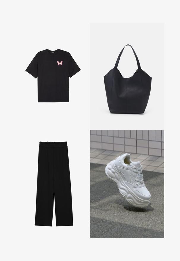 Black cotton t-shirt with short sleeves, featuring a small pink butterfly graphic on the left chest. Crew neck design with a relaxed fit.; Black wide-leg trousers with a ruffled waistband, featuring two side pockets and a smooth, lightweight fabric. No visible patterns or hardware.; White leather sneaker with a chunky sole, textured detailing, and lace-up closure. Features molded accents and a smooth finish.; Black tote bag made of smooth leather, featuring a curved, open top with two shoulder straps and a minimalist design.