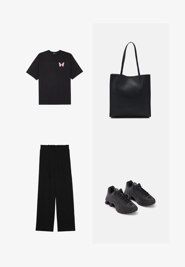 Crna pamučna majica s kratkim rukavima, s malim grafičkim prikazom ružičaste vjetricaste s desne strane na prsima. Dizajn s okruglim izrezom i opuštenim krojem.; Crne široke hlače s naboranim pojasom, koje imaju dva bočna džepa i glatku, laganu tkaninu. Nema vidljivih uzoraka ili metalnih dijelova.; Crne atletske cipele s glatkim sintetičkim gornjištem, teksturiranim detaljima, vezanjem i vidljivim opružnim amortizerom na peti.; Crna kožna torba za nošenje s glatkom teksturom, pravokutnim oblikom i dvije duge ručke. Nema vidljivih metalnih dijelova ili ukrasa.