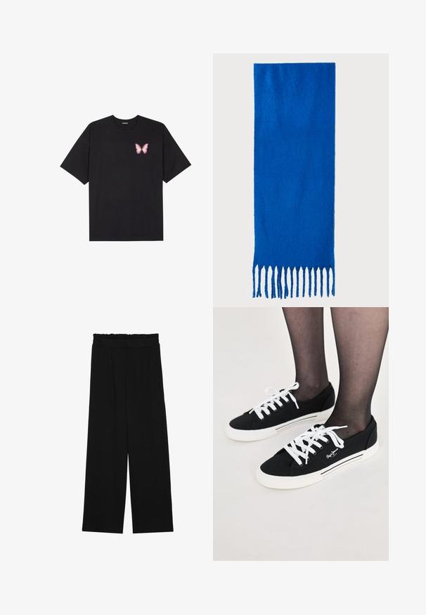 Musta puuvillapaita lyhyillä hihoilla, jossa on pieni vaaleanpunainen perhosgrafiikka vasemmassa rinnassa. Pyöreä kaula-aukko ja rento istuvuus.; Musta leveälahkeinen housut, joissa on röyhelövyötärö, kaksi sivutaskua ja sileä, kevyt kangas. Ei näkyviä kuvioita tai metalliosia.; Mustat kangaskengät valkoisilla nauhoilla, valkoisilla kumipohjilla ja sivuviiruilla. Ulkopuolella on logo.; Sininen fringekangas, joka on valmistettu pehmeästä materiaalista; siinä on yksivärinen pinta ja tasaisesti leikattu fringejalkeen alareunassa.