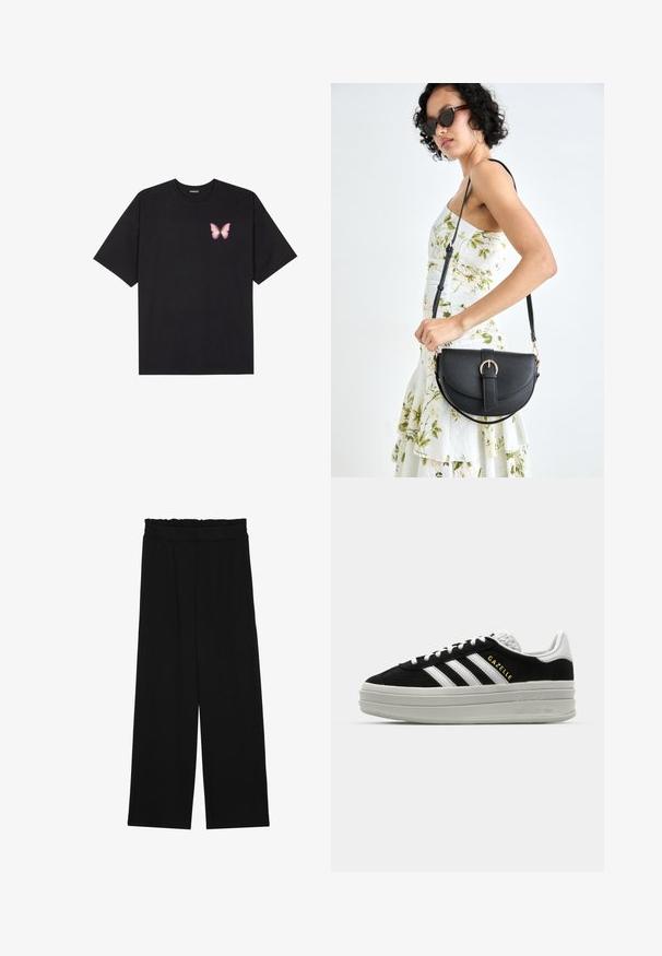 Melna kokvilnas T-krekls ar īsām piedurknēm, kuram priekšā kreisajā pusē ir neliels rozā tauriņa grafiskais attēls. Ar apaļu kaklu un brīvā stila piegriezumu.; Melnas platās bikses ar volangām jostasvietā, ar divām sānu kabatām un gludu, vieglu audumu. Nav redzamu rakstu vai aksesuāru.; Melna zamša sporta apavi ar baltām ādas akcentiem, trim baltām svītrām, plakanu auklu, un biezs pelēks platformas zole. Zelta "Gazelle" zīmols.; Melnas ādas rokassoma ar izliekta formu, noņemamu siksnu un zelta aksesuāriem. Somai ir vāciņš ar sprādzes detaļu.