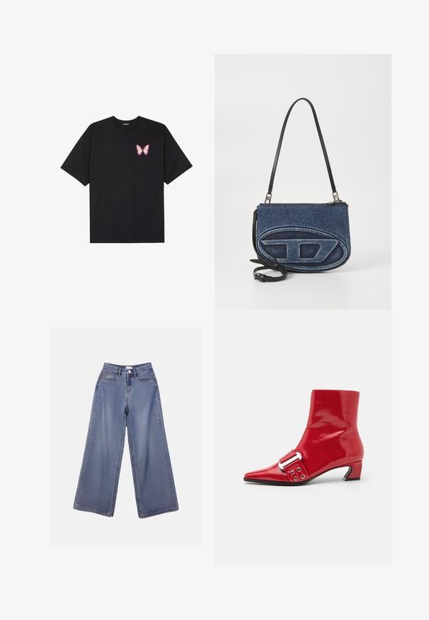 Black cotton t-shirt with short sleeves, featuring a small pink butterfly graphic on the left chest. Crew neck design with a relaxed fit.; Wide-leg denim jeans in a light blue wash, featuring a high waist, front pockets, and a button closure with belt loops.; Steve Madden EXTENDO - Classic ankle boots - red; Denim crossbody bag with a black leather strap, oval logo design on the front, and a zip closure at the top. Textured finish.
