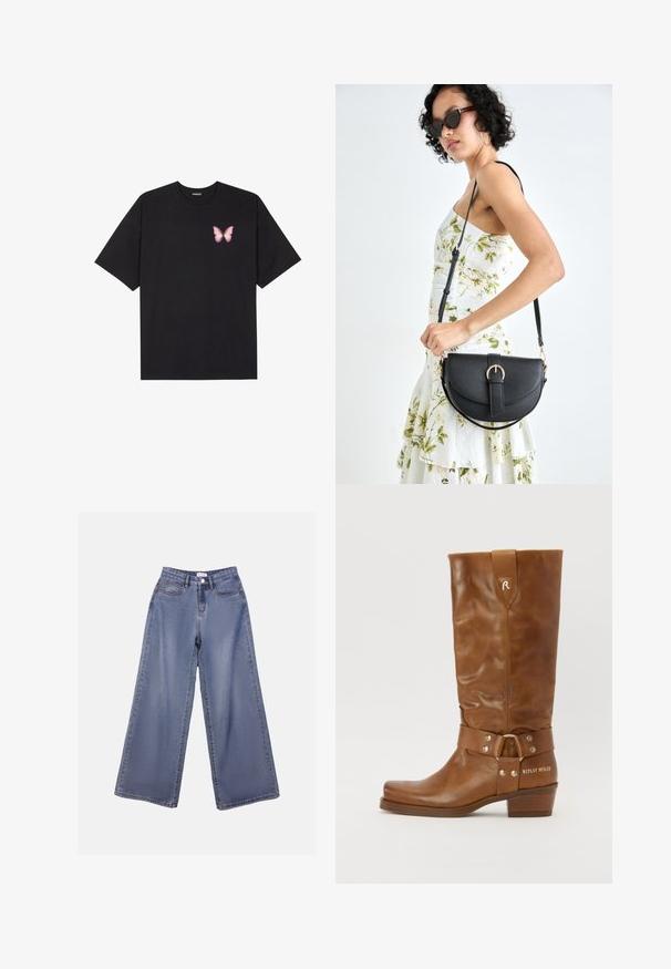 Czarny bawełniany t-shirt z krótkim rękawem, z małym różowym motylkiem na lewej piersi. Klasyczny dekolt z luźnym fasonem.; Jasnoniebieskie dżinsy o szerokich nogawkach z wysokim stanem, z kieszeniami z przodu oraz zapięciem na guziki i pętelkami na pasek.; Brązowy skórzany trzewik do kolan o luźnym fasonie, z paskiem i metalowymi akcentami oraz blokowanym obcasem. Napis "REPLAY MFG.CO" z boku.; Czarna skórzana torebka o zakrzywionym kształcie, z odpinanym paskiem i złotymi akcentami. Torebka posiada klapę z zapięciem w kształcie klamry.