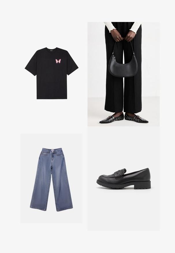 T-shirt de algodão preto com mangas curtas, apresentando um pequeno gráfico de borboleta rosa no lado esquerdo do peito. Design de gola redonda com um corte solto.; Calças de ganga de perna larga numa lavagem azul clara, com uma cintura alta, bolsos frontais e fecho de botão com passadores para cinto.; Mocassins de couro preto com ponta arredondada, duas faixas decorativas na parte superior e uma sola de borracha grossa com ranhuras.; Bolsa de ombro de couro preta com forma arredondada, acabamento brilhante e ferragens prateadas. Pessoa vestindo calças largas pretas e mocassins com tachas.