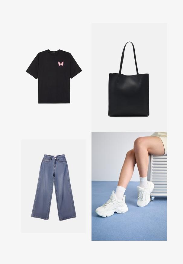 T-shirt en coton noir à manches courtes, avec un petit graphique de papillon rose sur la poitrine gauche. Modèle à col rond avec une coupe décontractée.; Jean en denim à jambes larges, de couleur bleu clair, avec une taille haute, des poches avant et une fermeture à boutons avec passants de ceinture.; Baskets blanches à lacets avec une semelle épaisse, en matériau synthétique lisse, accents texturés et une languette au niveau du talon.; Sac fourre-tout en cuir noir avec une texture lisse, de forme rectangulaire et deux longues poignées. Pas de matériel ou d'ornementations visibles.
