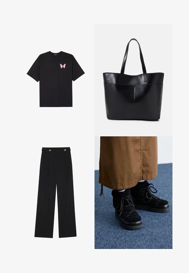 Čierne bavlnené tričko s krátkymi rukávmi, s malým ružovým motýlikom na ľavej hrudi. Design s okrúhlym výstrihom a uvoľneným strihom.; Čierne široké nohavice s vysokým pásom, so zapínaním na gombíky na páse a prednými sklady.; Čierne huňaté tenisky s platformovou podrážkou, s šnúrkami, jemným povrchom a zaoblenou špičkou. V páre s hnedou látkou nižšie.; Čierna kožená tote taška s dvoma dlhými rúčkami, hladkým povrchom a štruktúrovaným tvarom. Obsahuje prednú kapsu pre dodatočné uskladnenie.