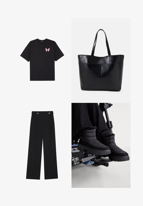 Crna pamučna majica s kratkim rukavima, s malim grafičkim prikazom ružičaste vjetricaste s desne strane na prsima. Dizajn s okruglim izrezom i opuštenim krojem.; Crne hlače širokih nogavica s visokim strukom, s dugmadi na pojasu i prednjim nabora.; Crne vodootporne gležnjače s tkanjem u kvadrate, mekim krznom na rubu i debelim, robusnim potplatom, postavljene na pozadinu kolica.; Crna kožna torba s dugim ručkama, glatkom teksturom i strukturiranim oblikom. Ima prednju džep za dodatno pohranu.