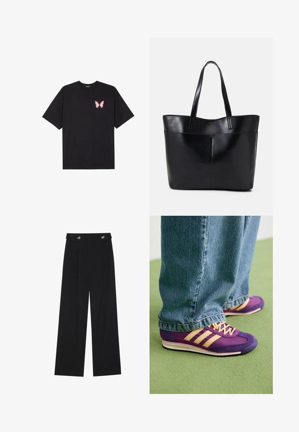 Svart bomulls T-skjorte med korte ermer, med en liten rosa sommerfugl grafikk på venstre bryst. Crew-neck design med en avslappet passform.; Svart vide bukser med høy midje, knappdetaljer på midjebåndet og frontplisser.; Person med lilla og beige Adidas joggesko med snøring, som står på grønt teppe, iført blå denimjeans som dekker skotuppene.; Svart lær toteveske med to lange håndtak, en glatt tekstur og en strukturert form. Har en frontlomme for ekstra oppbevaring.
