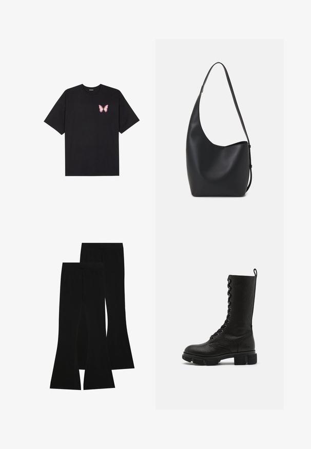 Čierne bavlnené tričko s krátkymi rukávmi, s malým ružovým motýlikom na ľavej hrudi. Design s okrúhlym výstrihom a uvoľneným strihom.; Čierne rozšírené nohavice vyrobené z elastickej látky, so zvýšeným pásom a hladkým povrchom, s priliehavým strihom, ktorý sa rozširuje od kolena.; Copenhagen Studios CPH564 - Čižmy na platforme - black; Čierna kožená hobo taška so hladkou textúrou, zakriveným tvarom a jedným nastaviteľným popruhom; má široké otvorenie na vrchu.