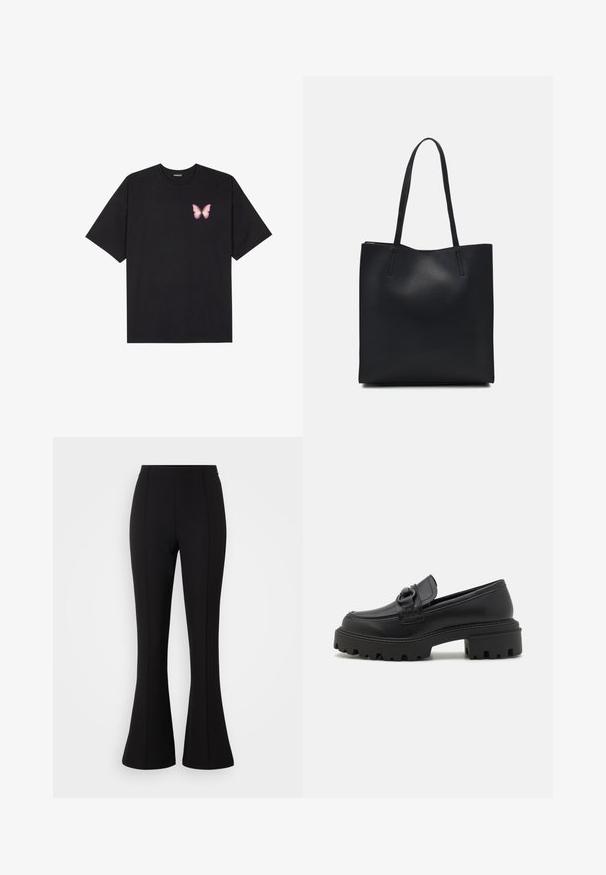Black cotton t-shirt with short sleeves, featuring a small pink butterfly graphic on the left chest. Crew neck design with a relaxed fit.; Black flared pants made from stretchy fabric, featuring a smooth texture, high waist, and seam detailing along the front.; Black leather loafers with a chunky tread sole, featuring a decorative strap and rounded toe. Smooth texture with stitching details.; Black leather tote bag with smooth texture, rectangular shape, and two long handles. No visible hardware or embellishments.