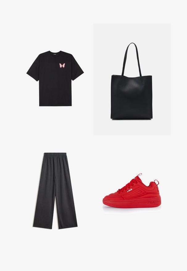 Black cotton t-shirt with short sleeves, featuring a small pink butterfly graphic on the left chest. Crew neck design with a relaxed fit.; Black wide-leg pants made of soft fabric, featuring an elastic waistband and side pockets. Smooth texture with no visible patterns or accents.; Red sneakers with a sleek design, made of synthetic material. Features a round toe, thick sole, textured accents, and prominent brand logo.; Black leather tote bag with smooth texture, rectangular shape, and two long handles. No visible hardware or embellishments.
