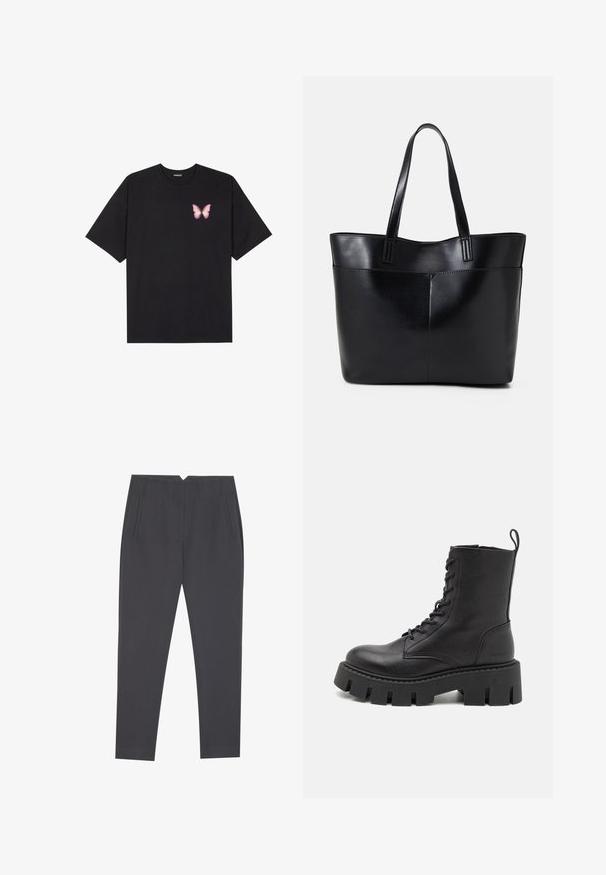 Black cotton t-shirt with short sleeves, featuring a small pink butterfly graphic on the left chest. Crew neck design with a relaxed fit.; Dark gray tapered trousers with side pockets and front pleats, designed for a tailored fit.; Black leather ankle boot with a lace-up front, thick platform sole, and loop pull tab; smooth texture and subtle branding on heel.; Black leather tote bag with two long handles, a smooth texture, and a structured shape. Features a front pocket for additional storage.