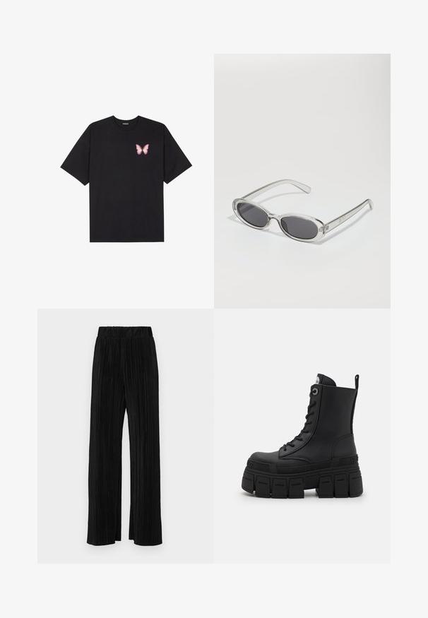 Juodas medvilnės marškinėliai trumpomis rankovėmis, su maža rožine drugelio grafika kairėje krūtinės pusėje. Apvalus kaklo iškirpimas, laisvas kirpimas.; Juodi plisuoti kelnės su elastine juosta. Turėkite plačias kojas ir glotnų, tekstūrinį audinį su vertikaliais dryžiais.; Buffalo GOSPHER LACE UP MID - Suvarstomi aulinukai - black; Akiniai nuo saulės ovalo formos, su skaidriu plastiko rėmu, tamsiai pilkais objektyvais ir plonomis skaidriomis šakėmis, dekoruotais logotipų akcentais ir minimaliais detalėmis.; Juodas odinis tote krepšys su lygia tekstūra, stačiakampio formos ir dviem ilgais rankenomis. Matomų metalinių detalių ar puošybos nėra.