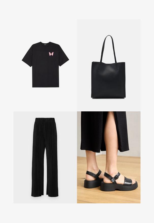 Black cotton t-shirt with short sleeves, featuring a small pink butterfly graphic on the left chest. Crew neck design with a relaxed fit.; Black pleated trousers with an elastic waistband. Features wide legs and a smooth, textured fabric with vertical stripes.; Black leather platform sandals with adjustable ankle straps and wide front bands, featuring a textured sole and minimalist design.; Black leather tote bag with smooth texture, rectangular shape, and two long handles. No visible hardware or embellishments.