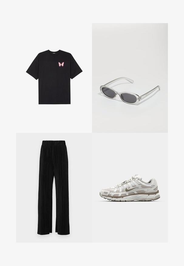 Svart bomulls T-skjorte med korte ermer, med en liten rosa sommerfugl grafikk på venstre bryst. Crew-neck design med en avslappet passform.; Sorte plisserte bukser med elastisk midje. Har vide ben og et glatt, strukturert stoff med vertikale striper.; Hvite treningssko med mesh-overdel, lysebrune detaljer og en polstret såle. Har snøring og tekst på siden.; Solbriller med oval form, klar plastramme, mørkegrå linser og tynne gjennomsiktige armer med logopunksjoner og minimal detaljering.; Svart tote-veske laget av glatt lær, med en buet, åpen topp og to skulderstropper, samt et minimalistisk design.