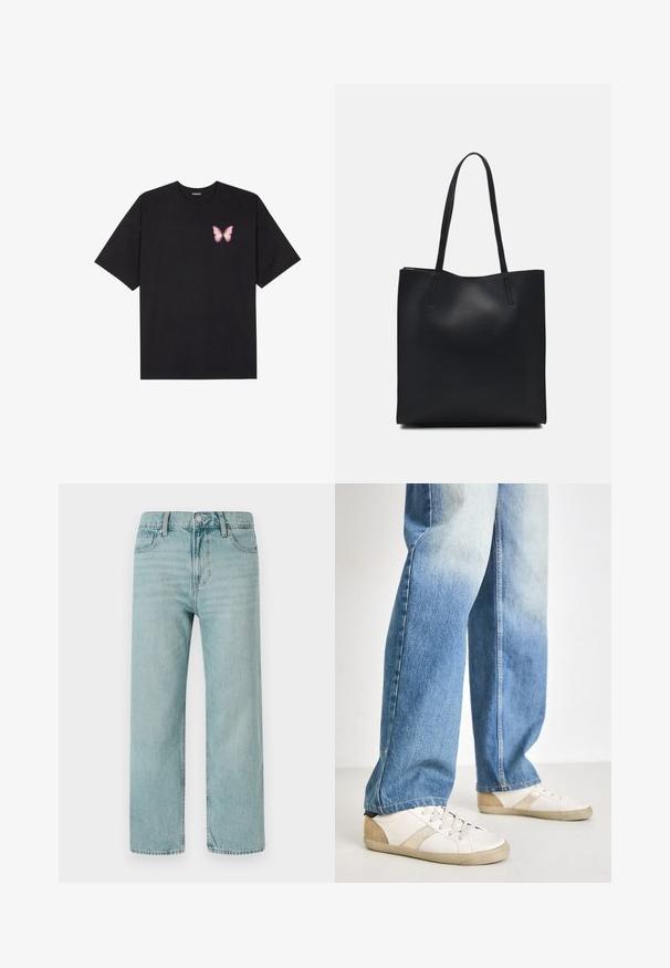 Crna pamučna majica s kratkim rukavima, s malim grafičkim prikazom ružičaste vjetricaste s desne strane na prsima. Dizajn s okruglim izrezom i opuštenim krojem.; Svijetloplave široke traperice izrađene od denima, s klasičnim dizajnom s pet džepova, čistim linijama i regularnim pojasom s kopčanjem na gumb.; Bijele tenisice s bež naglascima i teksturiranim detaljima, uparenim s svijetloplavim, blago oštećenim trapericama, opuštenog kroja.; Crna kožna torba za nošenje s glatkom teksturom, pravokutnim oblikom i dvije duge ručke. Nema vidljivih metalnih dijelova ili ukrasa.