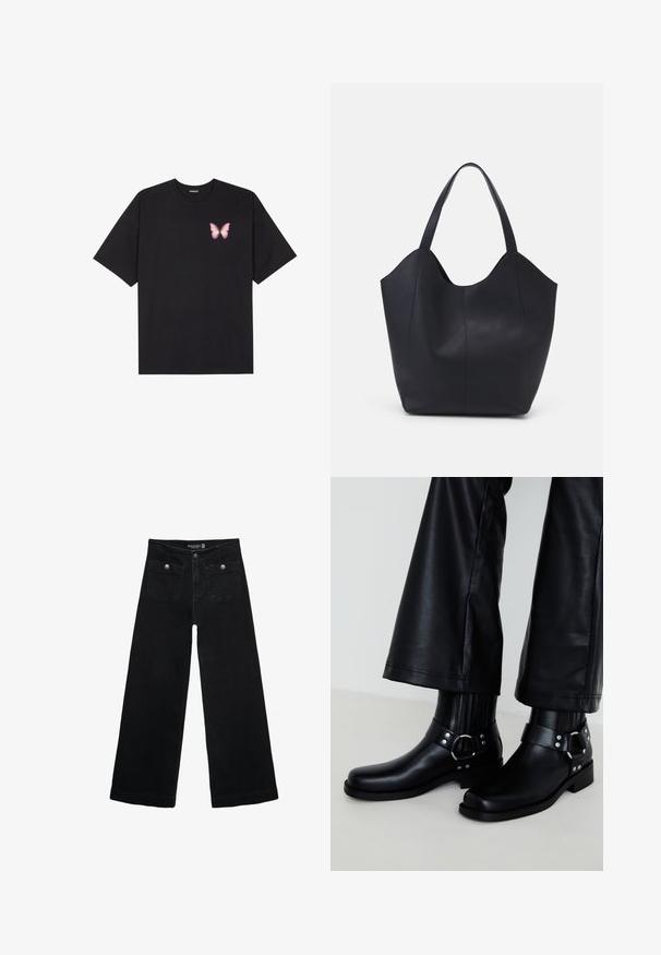 Czarny bawełniany t-shirt z krótkim rękawem, z małym różowym motylkiem na lewej piersi. Klasyczny dekolt z luźnym fasonem.; Czarne, szerokie dżinsy z wysokim stanem, z dwoma przednimi kieszeniami i metalowymi guzikami. Tkanina ma gładką fakturę.; Czarne skórzane botki za kostkę z okrągłym czubkiem, ozdobione dekoracyjną klamrą i ćwiekami na pasku oraz pionowymi detalami w prążki.; Czarna torba na ramię wykonana z gładkiej skóry, z zaokrąglonym, otwartym topem i dwoma paskami na ramię oraz minimalistycznym designem.