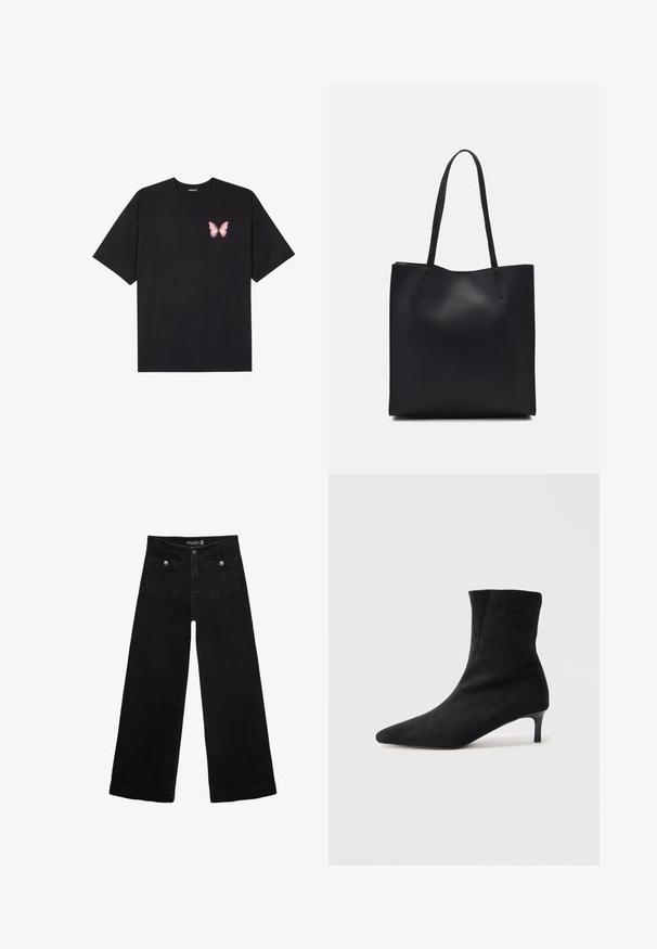 Crna pamučna majica s kratkim rukavima, s malim grafičkim prikazom ružičaste vjetricaste s desne strane na prsima. Dizajn s okruglim izrezom i opuštenim krojem.; Crne široke traperice s visokim strukom, koje imaju dva prednja džepa i metalne gumbe kao ukrase. Tkanina ima glatku teksturu.; Crne antilop čizme do članaka s bademastim vrhom i tankim, blago zakrivljenim potplatom. Glatka tekstura i minimalistički dizajn.; Crna kožna torba za nošenje s glatkom teksturom, pravokutnim oblikom i dvije duge ručke. Nema vidljivih metalnih dijelova ili ukrasa.