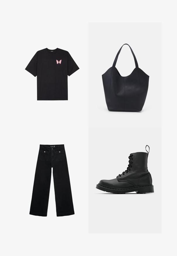 Schwarzes Baumwoll-T-Shirt mit kurzen Ärmeln, das ein kleines pinkes Schmetterlingsmotiv auf der linken Brust zeigt. Crewneck-Design mit einem entspannten Schnitt.; Schwarze, weit geschnittene Jeans mit hoher Taille, die zwei Fronttaschen und metallene Knopfakzente aufweist. Der Stoff hat eine glatte Textur.; Schwarzer Lederkampfstiefel mit runder Zehenpartie, Schnürung vorne und einer Zuglasche am Knöchel. Verfügt über eine dicke Gummisohle für Langlebigkeit.; Schwarze Tote-Bag aus glattem Leder, mit einem abgerundeten, offenen Oberteil, zwei Schulterträgern und einem minimalistischen Design.