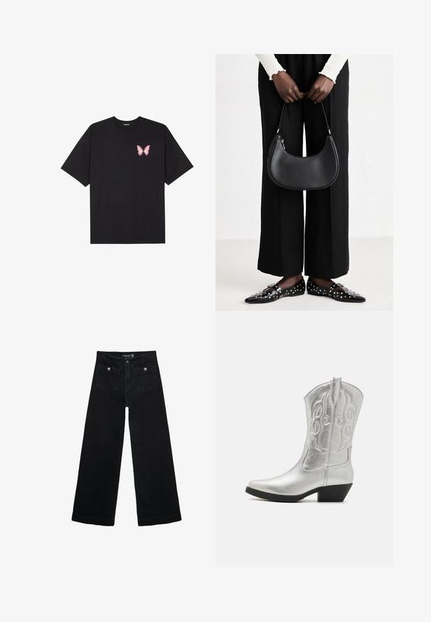 Czarny bawełniany t-shirt z krótkim rękawem, z małym różowym motylkiem na lewej piersi. Klasyczny dekolt z luźnym fasonem.; Czarne, szerokie dżinsy z wysokim stanem, z dwoma przednimi kieszeniami i metalowymi guzikami. Tkanina ma gładką fakturę.; Srebrne skórzane kowbojki z wąskim noskiem, dekoracyjnym przeszyciem oraz średnim blokowym obcasem. Wyposażone w pętelkę ułatwiającą zakładanie.; Czarna skórzana torba na ramię o zaokrąglonym kształcie, z połyskującym wykończeniem i srebrnymi akcentami. Osoba w czarnych spodniac wyszczuplających i znaczonymi loafersami.