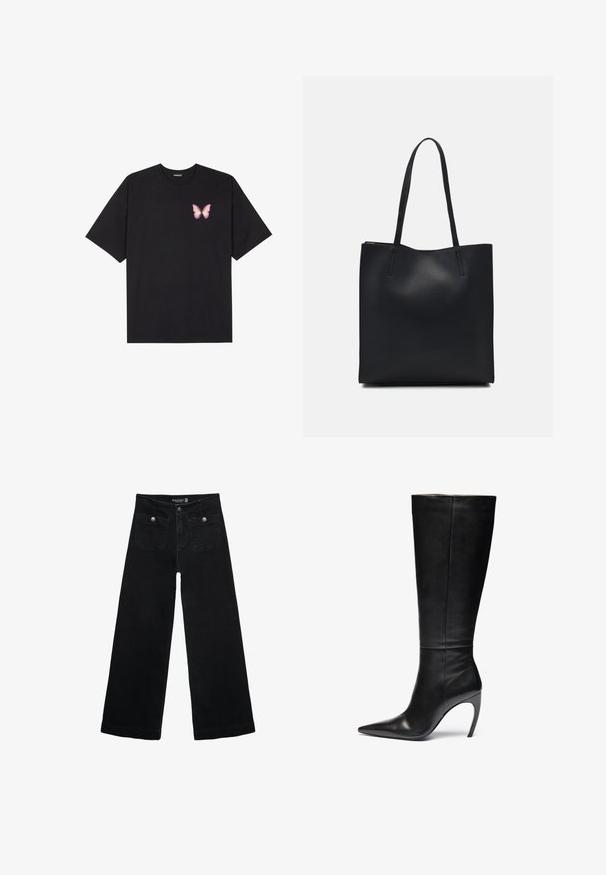 Črna bombažna majica s kratkimi rokavi, ki ima majhen roza metuljček na levi strani prsnega dela. Majica s krožnim ovratnikom in sproščenim krojem.; Črne široke kavbojke z visokim pasom, ki imajo dva sprednja žepa in kovinske gumbi. Tkanina ima gladko teksturo.; Črne usnjene škornje do kolen s koničastim nosom in visokim stiletto peto; elegantna, gladka tekstura z diskretnimi šivi in brez vidne opreme.; Črna usnjena torba s svilnato teksturo, pravokotne oblike in dvema dolgima ročajema. Brez vidnih metalnih delov ali okrasnih elementov.