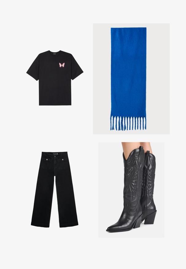 Musta puuvillapaita lyhyillä hihoilla, jossa on pieni vaaleanpunainen perhosgrafiikka vasemmassa rinnassa. Pyöreä kaula-aukko ja rento istuvuus.; Mustat leveälahkeiset farkut korkean vyötärön kanssa, joissa on kaksi etutaskua ja metalliset nappikoristeet. Kangas on sileä.; Musta nahkasaappaat cowboy-tyyliin, joissa on monimutkaiset kaiverretut kuviot, terävä kärki ja paksu korko. Sisältää ommeltuja yksityiskohtia ja vetolappuja.; Sininen fringekangas, joka on valmistettu pehmeästä materiaalista; siinä on yksivärinen pinta ja tasaisesti leikattu fringejalkeen alareunassa.