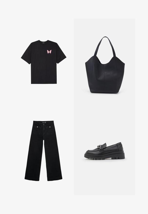 Zwarte katoenen t-shirt met korte mouwen, voorzien van een kleine roze vlinder graphic op de linkerkant van de borst. Crew neck ontwerp met een relaxte fit.; Zwarte wijdpijpjans met een hoge taille, voorzien van twee voorzakken en metalen knoopaccenten. De stof heeft een gladde textuur.; Zwarte loafer-stijl schoen met een chunky plateauzool, een bovenwerk van soepel leer, decoratieve kettingaccenten en een lichte hak met ingesneden detail.; Zwarte tote tas van glad leer, met een gebogen, open bovenkant en twee schouderbanden, en een minimalistisch ontwerp.