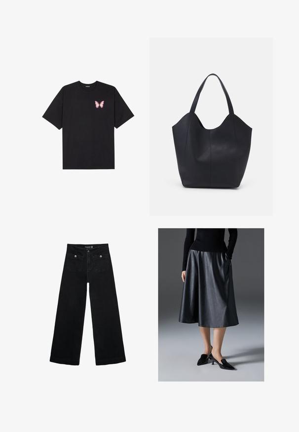 Černé bavlněné tričko s krátkým rukávem, na levém prsou s malou grafikou růžové motýlky. Design s kruhovým výstřihem a volným střihem.; Černé široké džíny s vysokým pasem, obsahující dvě přední kapsy a kovové knoflíkové detaily. Látka má hladkou texturu.; Černá kožená midi sukně s hladkým povrchem; má pásek a boční kapsy. Kombinováno s lesklými černými botami na podpatku.; Černá taška přes rameno vyrobená z hladké kůže, s zakřiveným, otevřeným vrchem a dvěma ramenními popruhy, s minimalistickým designem.