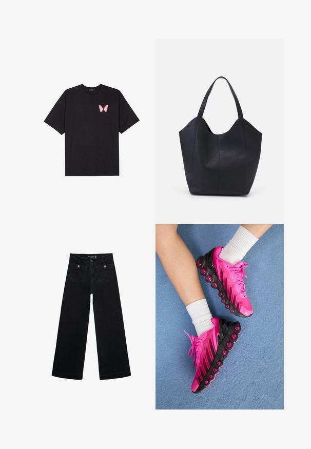 T-shirt nera in cotone con maniche corte, caratterizzata da una piccola grafica di una farfalla rosa sul lato sinistro del petto. Design a girocollo con una vestibilità rilassata.; Jeans neri a gamba larga con vita alta, dotati di due tasche frontali e dettagli in metallo sui bottoni. Il tessuto ha una texture liscia.; Scarpe sportive rosa con dettagli neri, suola a bolla traslucida, parte superiore in rete e lacci. Indossate con calze bianche alla caviglia su una superficie blu.; Borsa tote nera realizzata in pelle liscia, con una parte superiore curva e aperta, dotata di due manici per spalla e un design minimalista.