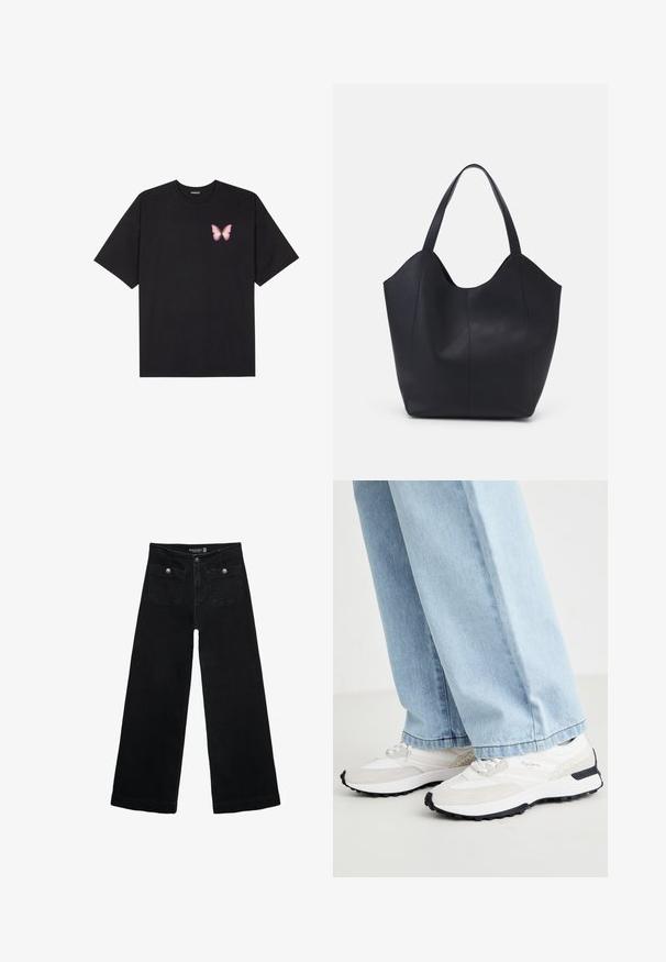 Čierne bavlnené tričko s krátkymi rukávmi, s malým ružovým motýlikom na ľavej hrudi. Design s okrúhlym výstrihom a uvoľneným strihom.; Čierne široké nohavice s vysokým pásom, s dvoma prednými vreckami a kovovými detailmi na gombíku. Tkanina má hladkú textúru.; Športové tenisky s bielou sieťovinou, šedými semišovými akcentmi, čiernou gumovou podrážkou a textúrovanými dizajnovými prvkami na bočnej strane.; Čierna taška s dlhým uchom vyrobená z hladkej kože, s oblým otvoreným vrchom a dvoma ramennými popruhmi, minimalistického dizajnu.