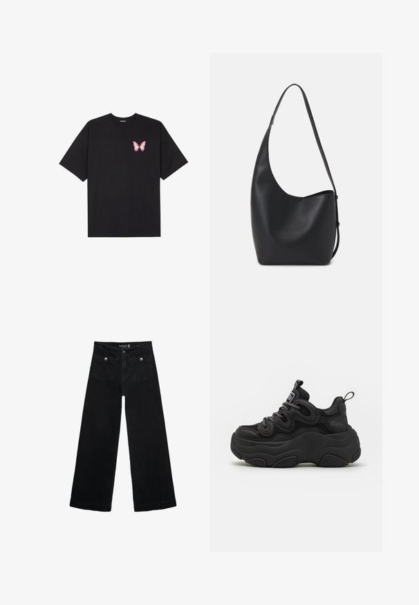 Czarny bawełniany t-shirt z krótkim rękawem, z małym różowym motylkiem na lewej piersi. Klasyczny dekolt z luźnym fasonem.; Czarne, szerokie dżinsy z wysokim stanem, z dwoma przednimi kieszeniami i metalowymi guzikami. Tkanina ma gładką fakturę.; Czarne sneakersy o masywnej budowie, z teksturowaną cholewką, siateczkowymi panelami i grubą gumową podeszwą. Widoczne odblaskowe sznurówki i detale z logo.; Czarna skórzana torba hobo o gładkiej fakturze, zaokrąglonym kształcie i pojedynczym, regulowanym pasku; posiada szerokie otwarcie na górze.