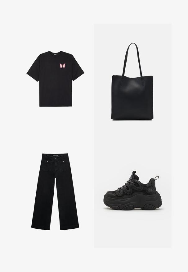 Černé bavlněné tričko s krátkým rukávem, na levém prsou s malou grafikou růžové motýlky. Design s kruhovým výstřihem a volným střihem.; Černé široké džíny s vysokým pasem, obsahující dvě přední kapsy a kovové knoflíkové detaily. Látka má hladkou texturu.; Černé tenisky s robustním designem, které mají texturovaný svršek, síťované panely a silnou gumovou podrážku. Viditelné reflexní tkaničky a detaily značky.; Černá kožená taška přes rameno s hladkým povrchem, obdélníkovým tvarem a dvěma dlouhými uchy. Žádné viditelné kování ani ozdoby.