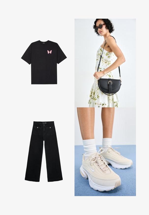 Crna pamučna majica s kratkim rukavima, s malim grafičkim prikazom ružičaste vjetricaste s desne strane na prsima. Dizajn s okruglim izrezom i opuštenim krojem.; Crne široke traperice s visokim strukom, koje imaju dva prednja džepa i metalne gumbe kao ukrase. Tkanina ima glatku teksturu.; Bež sportske cipele s teksturiranim gornjim dijelom, bijelim vezicama i debelim bijelim potplatom. Dizajn sadrži suptilne obline i mali logo.; Crna kožna torba s lukovitim oblikom, odvojivim remenom i zlatnim detaljima. Torba ima preklop s kopčom.