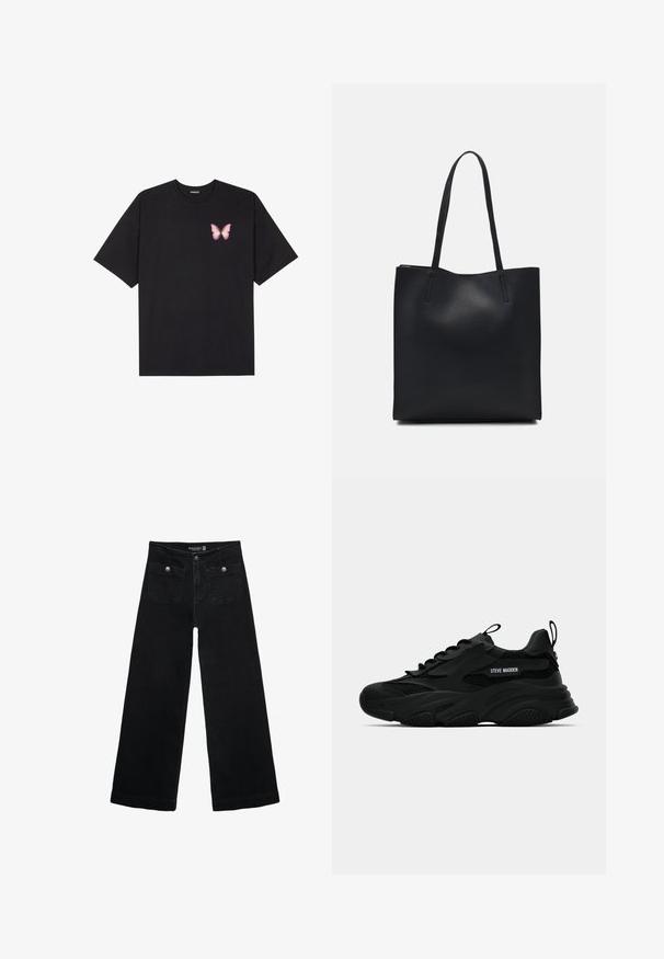 Czarny bawełniany t-shirt z krótkim rękawem, z małym różowym motylkiem na lewej piersi. Klasyczny dekolt z luźnym fasonem.; Czarne, szerokie dżinsy z wysokim stanem, z dwoma przednimi kieszeniami i metalowymi guzikami. Tkanina ma gładką fakturę.; Czarny, masywny sneaker Steve Madden z siateczkowymi panelami, grubą podeszwą, pętlami do ciągnięcia na języku i pięcie, oraz logo po bokach, przedstawiony w profilu.; Czarna skórzana torba tote o gładkiej fakturze, prostokątnym kształcie i dwóch długich uchwytach. Brak widocznych elementów metalowych i ozdób.