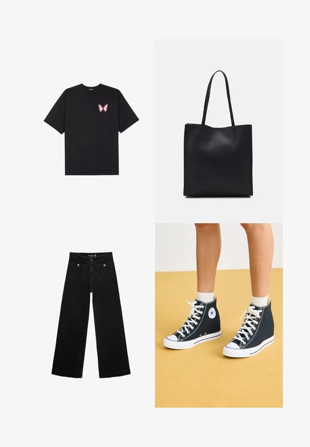 Svart bomullströja med korta ärmar, med en liten rosa fjärilsgrafik på vänster bröst. Rundad halsdesign med en avslappnad passform.; Svart vida jeans med hög midja, med två framfickor och metalldetaljer i form av knappar. Tyget har en mjuk textur.; Höga sneakers i mörkblå canvas med vita gummisulor, snören och detaljer. Har en cirkulär logotyp och vita sömmar.; Svart lädertoffelväska med slät textur, rektangulär form och två långa handtag. Ingen synlig hårdvara eller dekorationer.