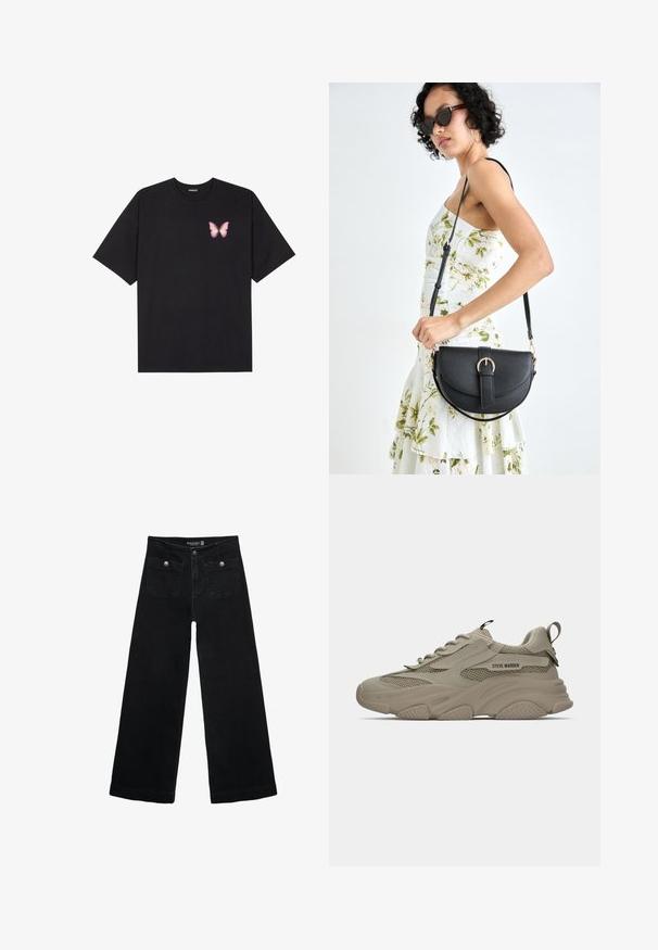 Zwarte katoenen t-shirt met korte mouwen, voorzien van een kleine roze vlinder graphic op de linkerkant van de borst. Crew neck ontwerp met een relaxte fit.; Zwarte wijdpijpjans met een hoge taille, voorzien van twee voorzakken en metalen knoopaccenten. De stof heeft een gladde textuur.; Beige chunky sneaker met netdetails, dikke zool, veters, een trekband op de hiel en het "STEVE MADDEN" logo op het zijpaneel.; Zwarte leren handtas met een gebogen vorm, afneembare schouderband en gouden hardware. De tas heeft een klep met een gespsluiting.