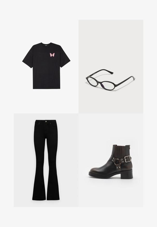 Tricou negru din bumbac cu mâneci scurte, având pe partea stângă a pieptului un mic grafic cu un fluture roz. Design cu guler rotund și croială lejeră.; Jeans negri cu talie înaltă, cu închidere prin nasture și fermoar, buzunare frontale și picioare evazate, așezați pe un fundal alb.; Botină din piele neagră, cu vârf rotunjit, panouri laterale elastice și o curea decorativă cu cataramă. Prezintă cusături contrastante și un toc mic.; Ochelari cu ramă ovală neagră, cu accente translucide de violet pe lentile. Ramele au un finisaj mat și clești subțiri, drepți.