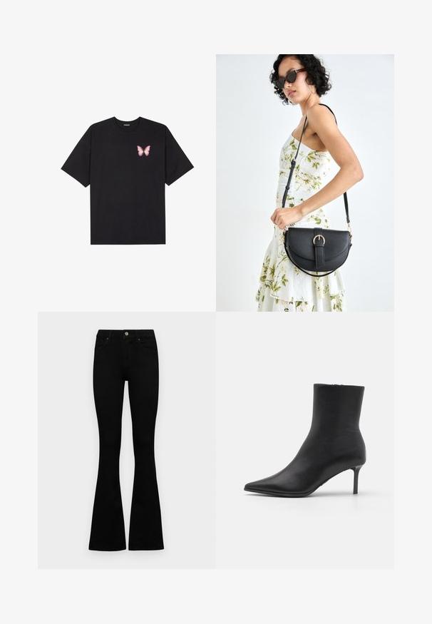 Schwarzes Baumwoll-T-Shirt mit kurzen Ärmeln, das ein kleines pinkes Schmetterlingsmotiv auf der linken Brust zeigt. Crewneck-Design mit einem entspannten Schnitt.; Schwarze hochtaillierte Jeans mit einem Knopf- und Reißverschluss, Fronttaschen und ausgestellten Beinen, flach auf einem weißen Hintergrund ausgelegt.; Schwarze Leder-Ankle-Boots mit spitzer Zehenform und schmalem, mittelhohem Stiletto-Absatz, vor einem schlichten weißen Hintergrund.; Schwarze Lederhandtasche mit geschwungener Form, abnehmbarem Tragegurt und goldenen Beschlägen. Die Tasche verfügt über einen Deckel mit einer Schnallen-Details.