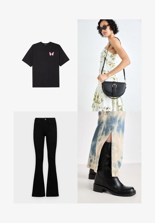 Czarny bawełniany t-shirt z krótkim rękawem, z małym różowym motylkiem na lewej piersi. Klasyczny dekolt z luźnym fasonem.; Czarne, wysokie dżinsy z guzikem i zamkiem błyskawicznym, z przednimi kieszeniami i rozszerzanymi nogawkami, leżące płasko na białym tle.; RAID TAILORR czarny; Czarna skórzana torebka o zakrzywionym kształcie, z odpinanym paskiem i złotymi akcentami. Torebka posiada klapę z zapięciem w kształcie klamry.