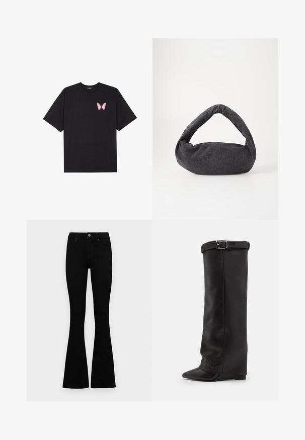 Svart bomullströja med korta ärmar, med en liten rosa fjärilsgrafik på vänster bröst. Rundad halsdesign med en avslappnad passform.; Svarta högmidjade jeans med knäppning och dragkedja, frontfickor och utsvängda ben, liggande platt på en vit bakgrund.; Steve Madden CORENNE - Högklackad stövel - black; Mörkgrå tygväska med ett böjt handtag, mjuk textur och rundad form. Ingen synlig hårdvara eller utsmyckningar.