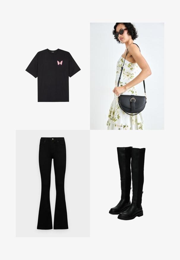 Černé bavlněné tričko s krátkým rukávem, na levém prsou s malou grafikou růžové motýlky. Design s kruhovým výstřihem a volným střihem.; Černé vysoké džíny s knoflíkem a zipovým zapínáním, předními kapsami a rozšířenými nohavicemi, ležící na bílé podložce.; Černé kozačky nad kolena s hladkou kůží, žebrovanými textilními panely, plochými podrážkami a širokým, strukturovaným tvarem.; Černá kožená kabelka s křivkovým tvarem, odnímatelným popruhem a zlatými detaily. Kabelka má klopu s přezkou.