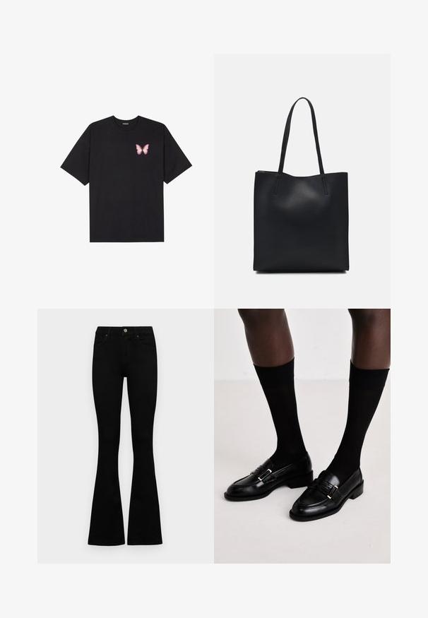 Schwarzes Baumwoll-T-Shirt mit kurzen Ärmeln, das ein kleines pinkes Schmetterlingsmotiv auf der linken Brust zeigt. Crewneck-Design mit einem entspannten Schnitt.; Schwarze hochtaillierte Jeans mit einem Knopf- und Reißverschluss, Fronttaschen und ausgestellten Beinen, flach auf einem weißen Hintergrund ausgelegt.; Schwarze Lederloafers mit niedrigem Blockabsatz und goldenen Akzenten, kombiniert mit schwarzen, transparenten knielangen Socken.; Schwarze Laptoptasche aus Leder mit glatter Textur, rechteckiger Form und zwei langen Griffen. Keine sichtbaren Beschläge oder Verzierungen.