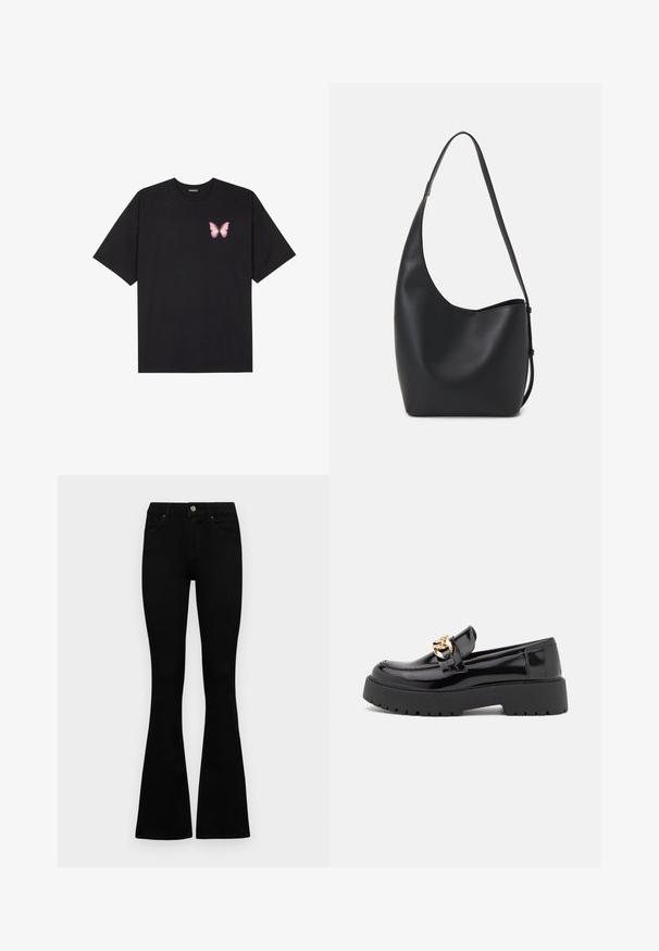 Crna pamučna majica s kratkim rukavima, s malim grafičkim prikazom ružičaste vjetricaste s desne strane na prsima. Dizajn s okruglim izrezom i opuštenim krojem.; Crne traperice viskog struka s kopčanjem na gumb i rajfeslusu, prednjim džepovima i širom nogavicama položene su ravno na bijeloj pozadini.; Crne lakirane kožne mokasine sa debelim crnim potplatom i detaljima od zlata. Glatka tekstura i dizajn okruglog vrha.; Crna kožna hobo torba s glatkom teksturom, zakrivljenim oblikom i jednom podesivom trakicom; ima širok otvor na vrhu.