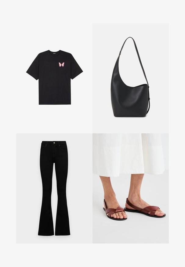 Czarny bawełniany t-shirt z krótkim rękawem, z małym różowym motylkiem na lewej piersi. Klasyczny dekolt z luźnym fasonem.; Czarne, wysokie dżinsy z guzikem i zamkiem błyskawicznym, z przednimi kieszeniami i rozszerzanymi nogawkami, leżące płasko na białym tle.; Brązowe skórzane sandały z krzyżującymi się paskami i otwartym zapięciem z tyłu, z płaską podeszwą. Paski są gładkie z matowym wykończeniem.; Czarna skórzana torba hobo o gładkiej fakturze, zaokrąglonym kształcie i pojedynczym, regulowanym pasku; posiada szerokie otwarcie na górze.