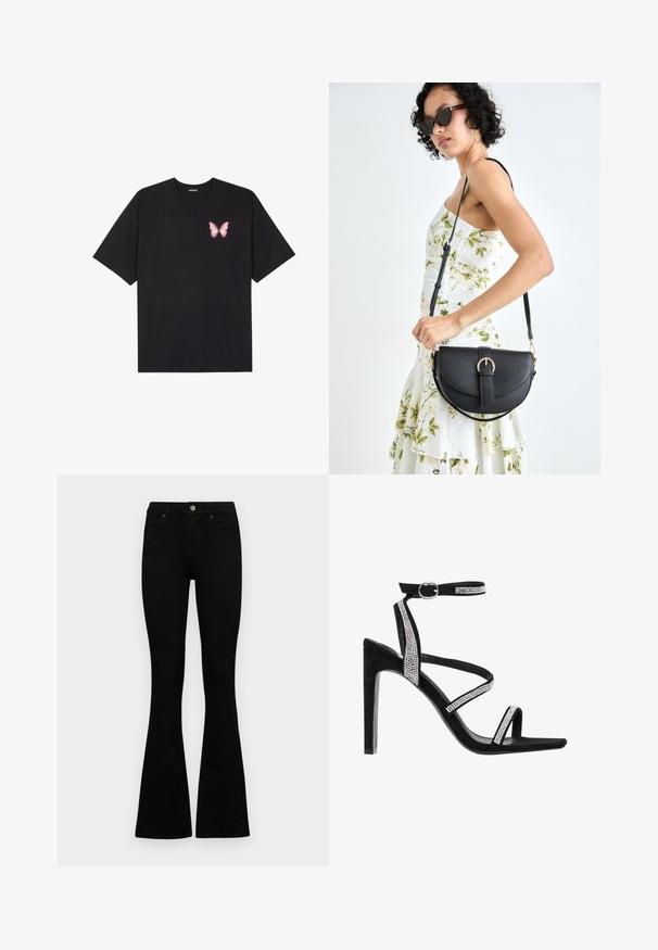 Czarny bawełniany t-shirt z krótkim rękawem, z małym różowym motylkiem na lewej piersi. Klasyczny dekolt z luźnym fasonem.; Czarne, wysokie dżinsy z guzikem i zamkiem błyskawicznym, z przednimi kieszeniami i rozszerzanymi nogawkami, leżące płasko na białym tle.; Czarne zamszowe sandały na wysokim obcasie z krzyżującymi się paskami i wąskim paskiem wokół kostki. Posiadają akcenty z cyrkonii wzdłuż pasków. Design z odkrytymi palcami.; Czarna skórzana torebka o zakrzywionym kształcie, z odpinanym paskiem i złotymi akcentami. Torebka posiada klapę z zapięciem w kształcie klamry.