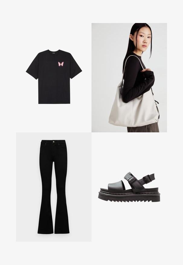 Tricou negru din bumbac cu mâneci scurte, având pe partea stângă a pieptului un mic grafic cu un fluture roz. Design cu guler rotund și croială lejeră.; Jeans negri cu talie înaltă, cu închidere prin nasture și fermoar, buzunare frontale și picioare evazate, așezați pe un fundal alb.; Sandalele negre din piele au o curea largă la degete, două curele cu catarame ajustabile și o talpă groasă, cu striații, pentru stabilitate.; Geantă bej din material moale, cu un design lejer, detalii cusute și două bretele pentru umăr. Potrivită pentru utilizarea zilnică.