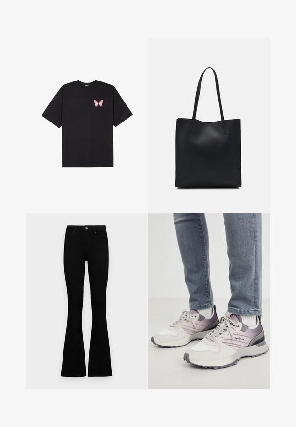 Čierne bavlnené tričko s krátkymi rukávmi, s malým ružovým motýlikom na ľavej hrudi. Design s okrúhlym výstrihom a uvoľneným strihom.; Čierne vysoké nohavice s gombíkom a zipsom, predné vrecká a rozšírené nohavice položené na bielom pozadí.; Svetlo šedé tenisky s semišovými a sieťovinovými akcentmi, s textúrovanou podrážkou, fialovými detailmi a logom na boku. Nosené s džínsami.; Čierna kožená taška na rameno s hladkým povrchom, obdĺžnikovým tvarom a dvoma dlhými uchami. Bez viditeľného kovania alebo ozdôb.