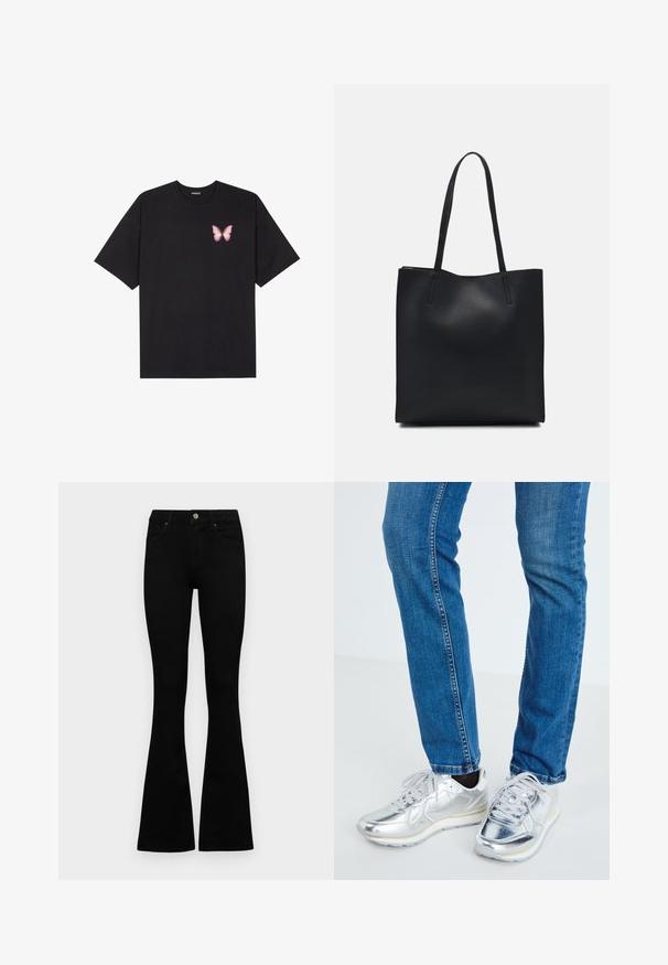 Svart bomulls T-skjorte med korte ermer, med en liten rosa sommerfugl grafikk på venstre bryst. Crew-neck design med en avslappet passform.; Sorte høytlivsjeans med knapp og glidelås, frontlommer og utsvingte bein liggende flatt på en hvit bakgrunn.; Sølvmetalliske sneakers med en jevn tekstur, rund tå og hvit gummisåle, kombinert med tettsittende blå jeans med svak søm.; Svart lær tote bag med glatt tekstur, rektangulær form og to lange håndtak. Ingen synlige deler eller dekorasjoner.
