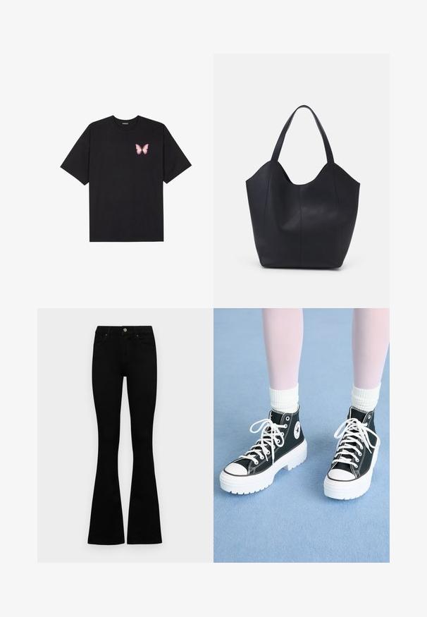 Zwarte katoenen t-shirt met korte mouwen, voorzien van een kleine roze vlinder graphic op de linkerkant van de borst. Crew neck ontwerp met een relaxte fit.; Zwarte hoge taille jeans met een knoop- en ritssluiting, voorzakken en een flared pijp, plat gelegd op een witte achtergrond.; Zwarte hoge sneakers met witte zolen en veters, met een circulair logo op de zijkant en contrasterende zwarte stiksels. Bovenwerk van gestructureerde stof.; Zwarte tote tas van glad leer, met een gebogen, open bovenkant en twee schouderbanden, en een minimalistisch ontwerp.