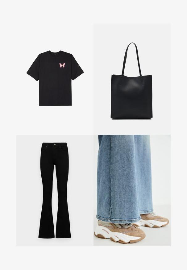 T-shirt nera in cotone con maniche corte, caratterizzata da una piccola grafica di una farfalla rosa sul lato sinistro del petto. Design a girocollo con una vestibilità rilassata.; Jeans neri a vita alta con chiusura a bottoni e zip, tasche frontali e gambali svasati, distesi su uno sfondo bianco.; Steve Madden POSSESSIONE - Sneakers basse - oatmeal; Borsa tote in pelle nera con texture liscia, forma rettangolare e due manici lunghi. Nessun hardware o decorazione visibile.